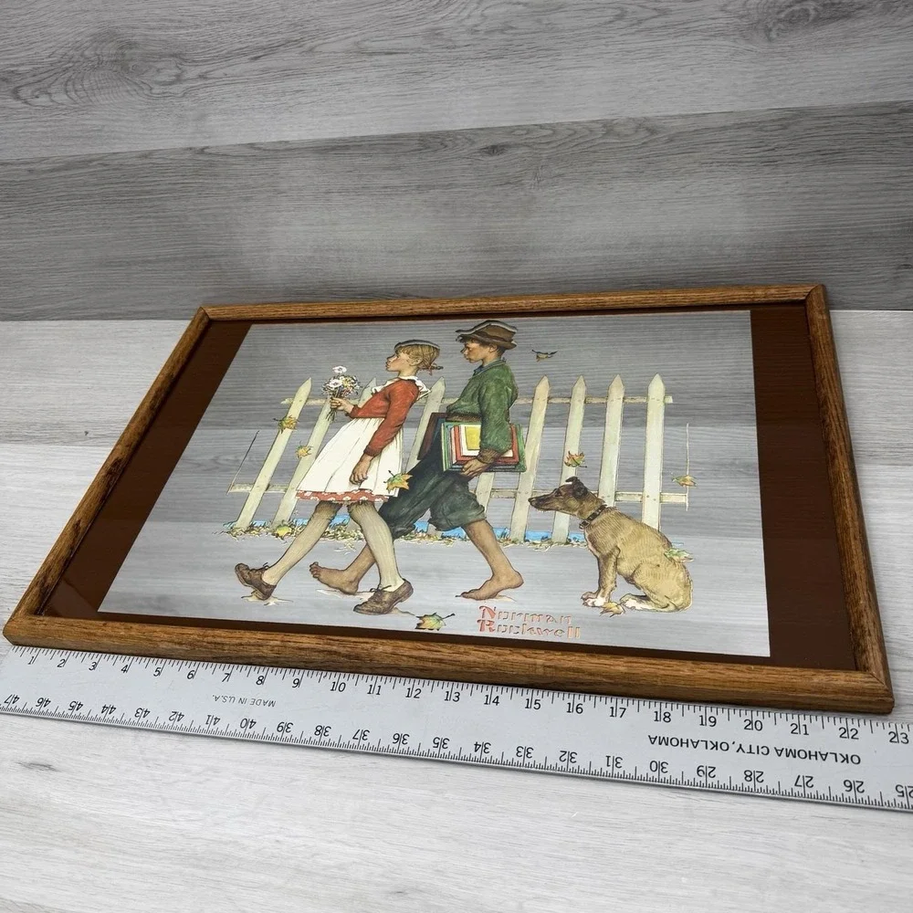 Norman Rockwell Walking to School Framed Mirror Oak Wood Vintage Wall Decor
